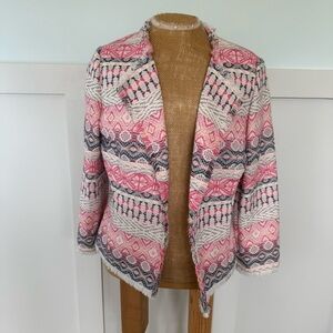 Tahari Tribal Tapestry Woven Blazer Women’s 8 Pink Fringe Moto Open Front Boxy